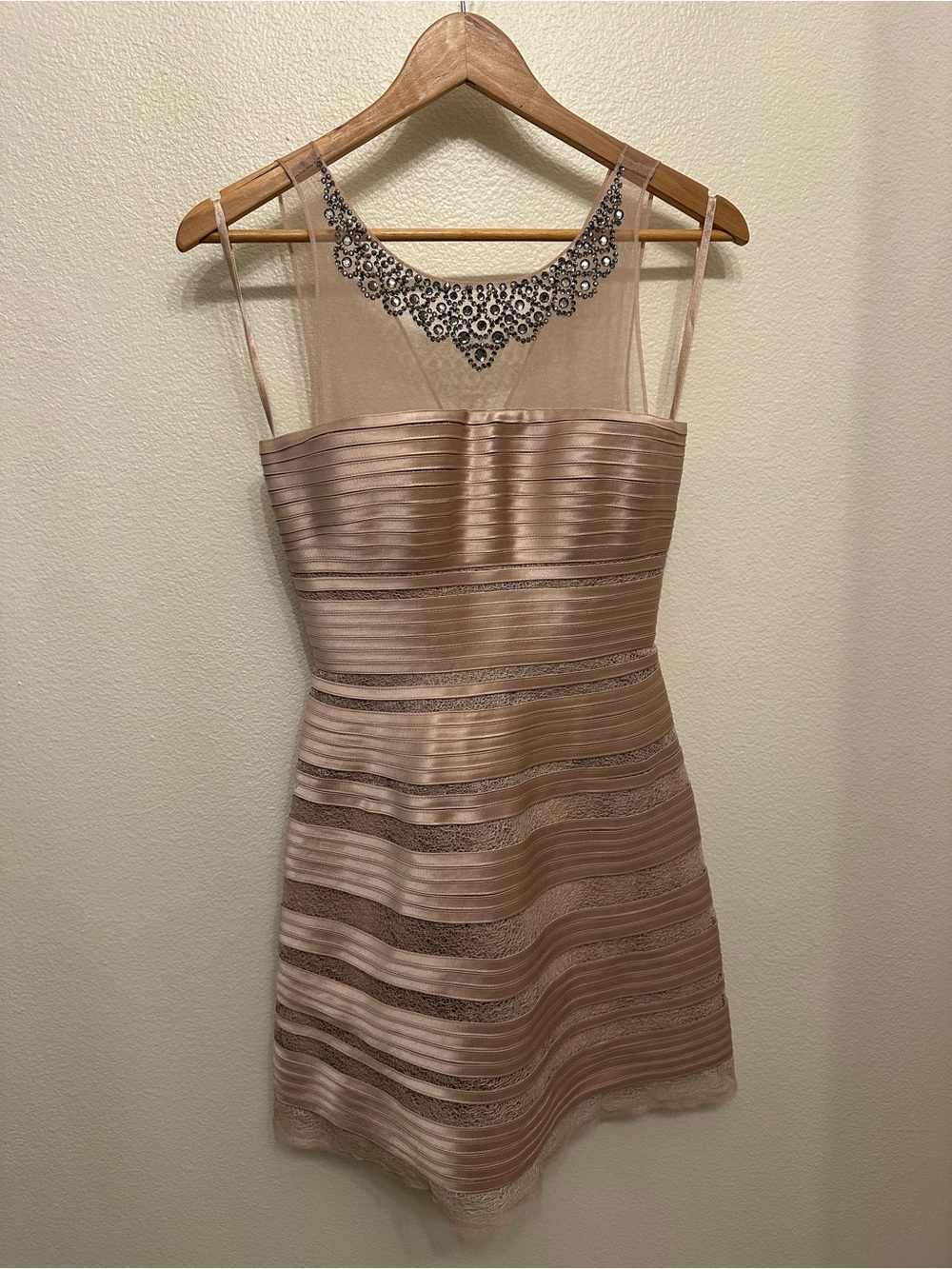 BCBGMaxAzria Blush Pink Illusion-Neck A-Line Midi Dress